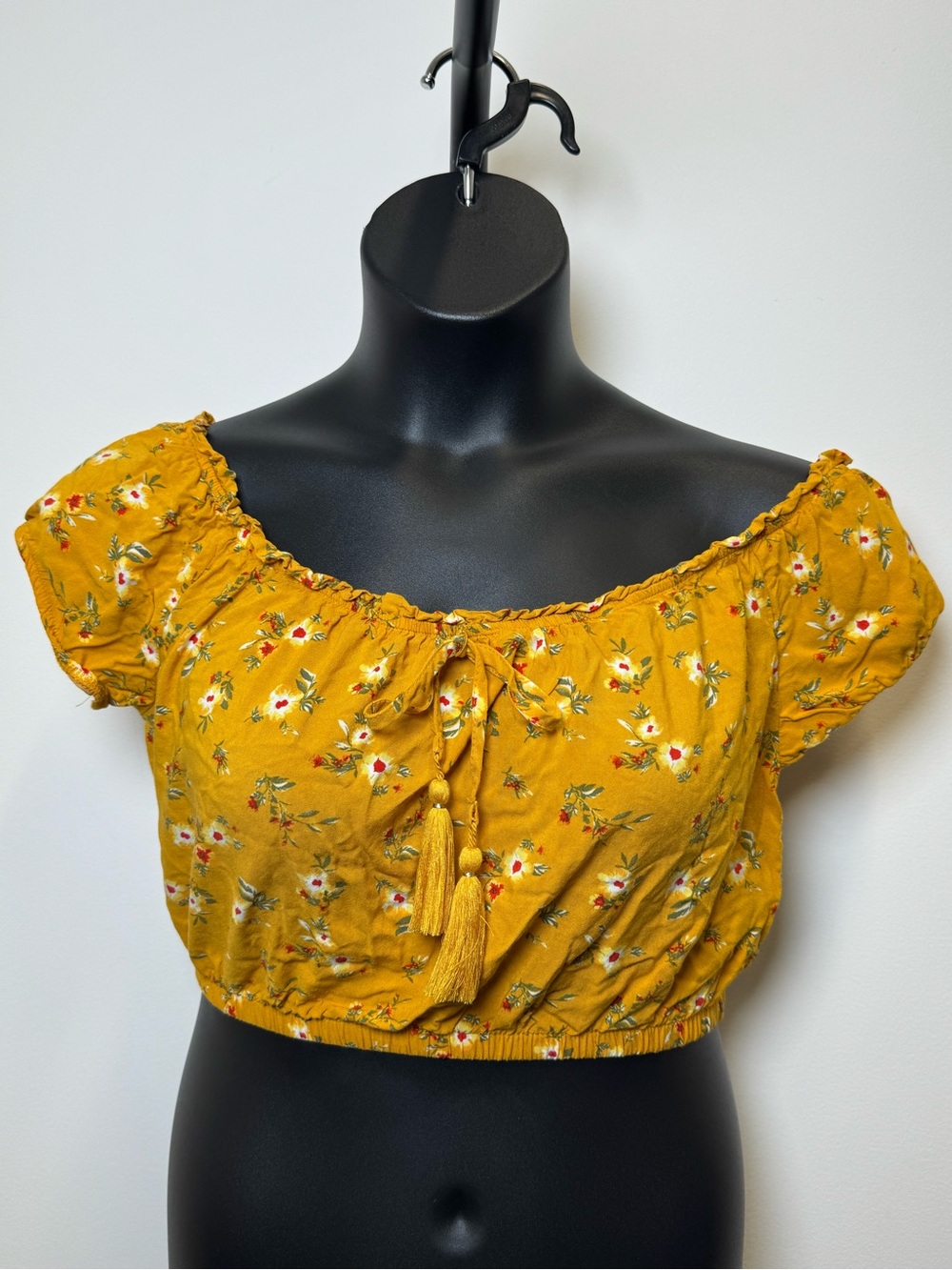 J for Justify Mustard Floral Off-Shoulder Crop Top with Tassel